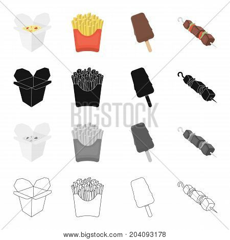 Noodles fast cooking, French fries, ice cream, shish kebab food. Fast food set collection icons in cartoon black monochrome outline style vector symbol stock illustration .