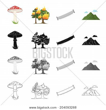 Amanita, forest fire, hand saw on wood, mountain with clouds. Forest set collection icons in cartoon black monochrome outline style vector symbol stock illustration .