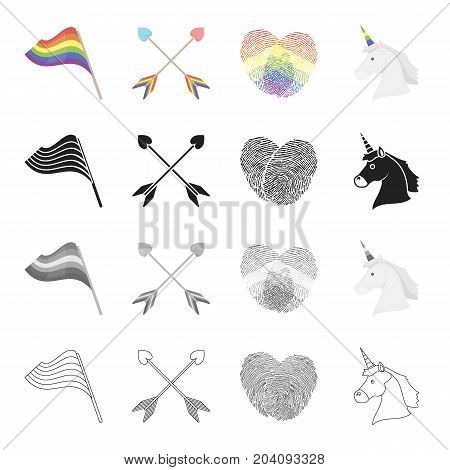 Rainbow flag, crossed arrows, fingerprints, unicorn head. Sexual minority set collection icons in cartoon black monochrome outline style vector symbol stock illustration .