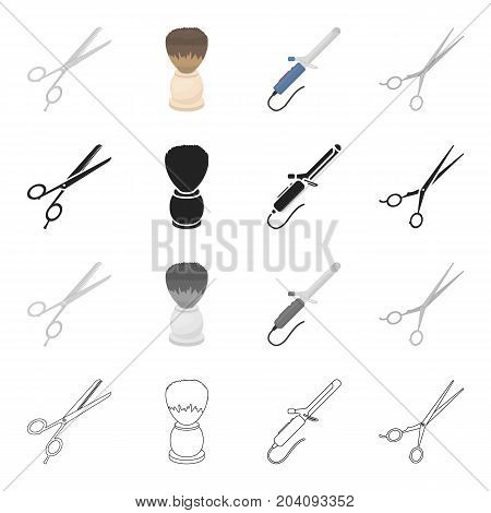 Scissors hairdresser, shaving brush, curling iron, scissors for fine haircuts. Hairdresser set collection icons in cartoon black monochrome outline style vector symbol stock illustration .