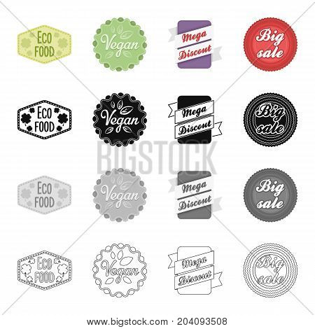 Different types of labels, vegan, mega discount, sale. Label set collection icons in cartoon black monochrome outline style vector symbol stock illustration .