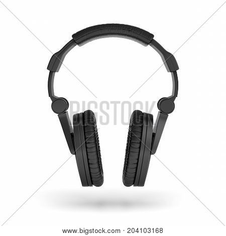 3d rendering of black padded headphones with a headband hanging on white background. Listen to music. DJ equipment. Melomania.