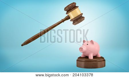 3d rendering of a large judge gavel ready to strike at a small piggy bank standing on a sound block. Business law. Legal prosecution. Money collection.