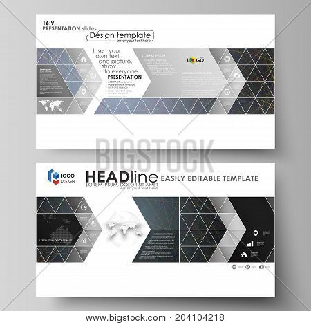 Business templates in HD format for presentation slides. Easy editable abstract vector layouts in flat design. Colorful dark background with abstract lines. Bright color chaotic, random, messy curves. Colourful vector decoration.