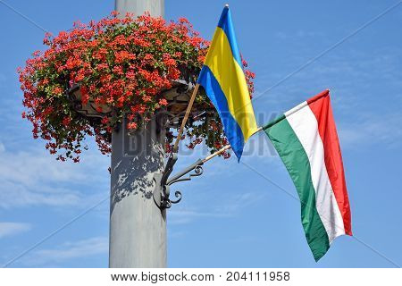 Hungarian flag and flowers on a pole