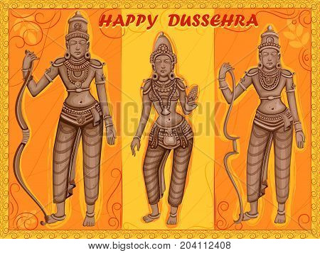 Vector design of Statue of Indian God Rama, Laxmana and Sita for Happy Dussehra festival of India
