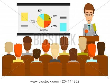 Vector illustration of lecturer male giving presentation, lecture or seminar to the audience. Conference, business workshop, training class. Speaker flat style design element.