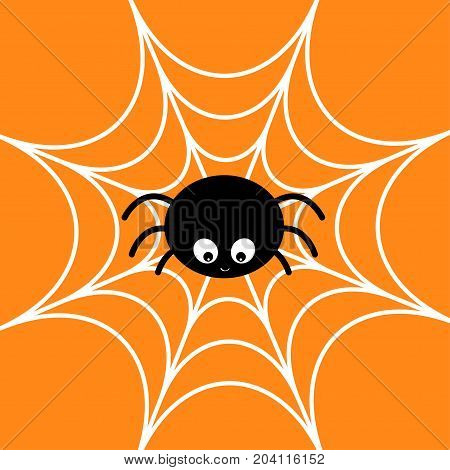 Spider on the web. Cobweb white. Cute cartoon baby insect character. Happy Halloween card. Flat design. Orange background. Vector illustration
