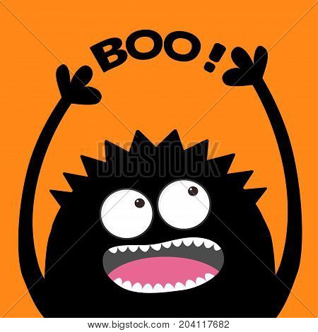 Screaming monster head silhouette looking up to Boo text. Two eyes teeth tongue hands. Black Funny Cute cartoon baby character. Happy Halloween. Flat design. Orange background. Vector