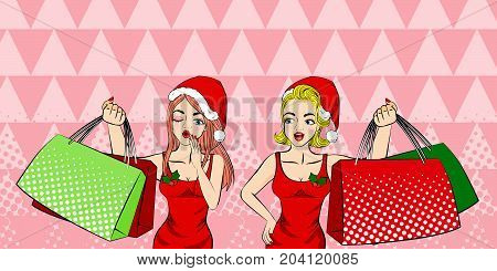cartoon pop of woman with merry christmas on the red background
