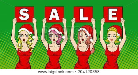 cartoon pop of woman with merry christmas on the green background