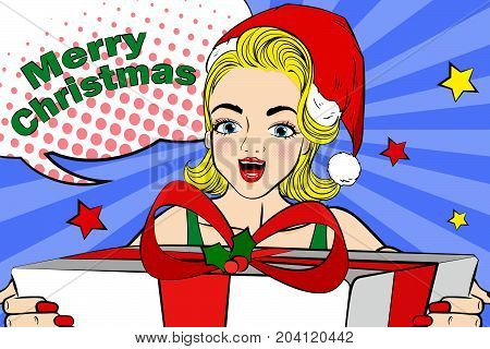 cartoon pop of woman with merry christmas on the green background