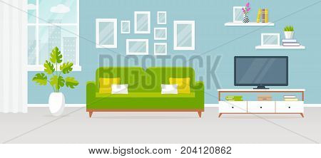 Modern interior of the living room. Vector banner. Design of a cozy room with sofa TV stand window and decor accessories.
