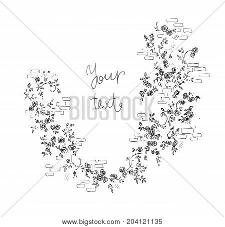 Hand drawn rosebush against a brick wall. Design element in a shape of frame.