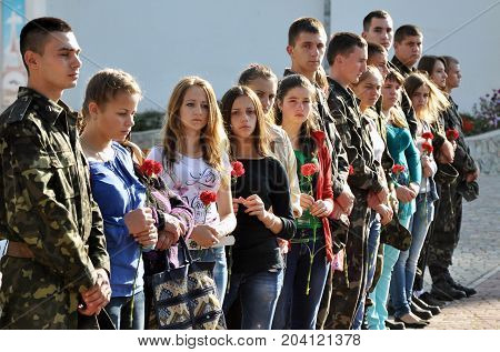 Rosokhach - Chortkiv - Ukraine - September 5 2014. Villagers and district Rosokhach say goodbye to Ukrainian soldier killed in Donbas in the war with Russia
