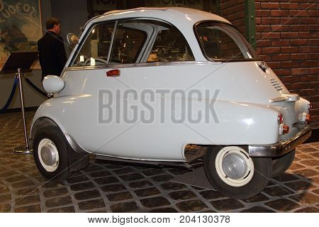Krasnogorsk Russia-February 23 2016: BMW Isetta 250 at the Zadorozhnogo Museum of Engineering. Krasnogorsk Moscow region.