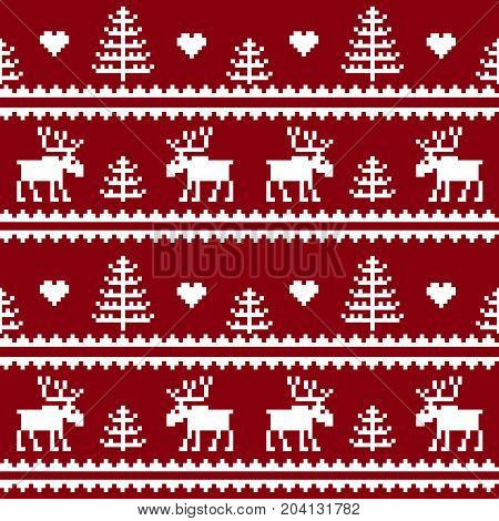 Stock vector. Seamless fabric.Merry Christmas and happy New year. Elk. Tree. Pixels. White and red color. Background gift wrapping design pattern ornament background websiteornament
