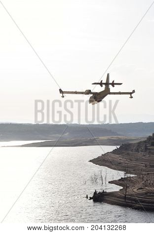 Hydroplane Collecting Water In The Valparaiso Reservoir, Culebra, Zamora Province, Castilla Y Leon,