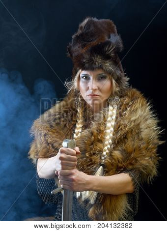 Valkyrie. Viking  medieva vintagel, girl with sword