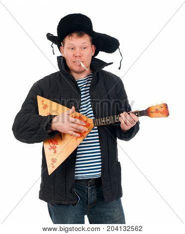 Russian man with balalaikared-neck.isolated on white background