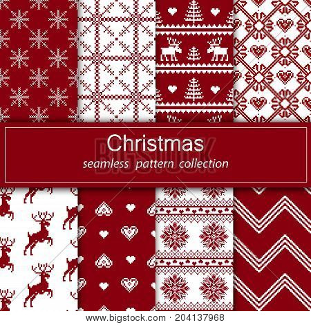 Set of seamless fabric. The occasion. Merry Christmas and happy New year. Pixels. White and red color. Background gift wrapping design pattern ornament background website. Stock vector