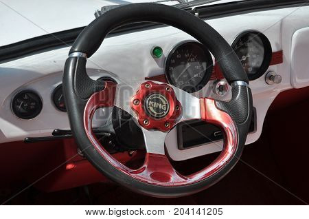 Chortkiv - Ternopil - Ukraine - 12 July 2016 Day Chortkiv front of City Hall hosted an exhibition of vintage cars. Details of the hull and cabin