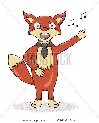 Red fox singing song with black tie. Cartoon illustration.