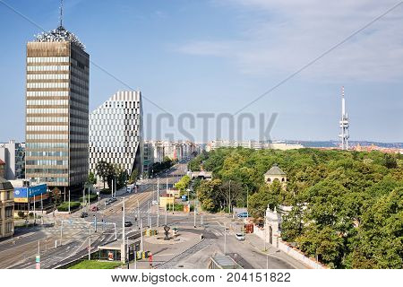 View on Vinohradska Street, Prague 3 area, Zizkov Prague, Czech Republic, view from above, sunny day, 7.august 2016