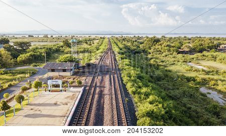 Aerial View Train Station Ban Kok Slung Pa Sak Dam  Lopburi Thailand