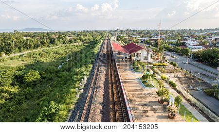 Aerial View Train Station Ban Kok Slung Pa Sak Dam Lopburi Thailand