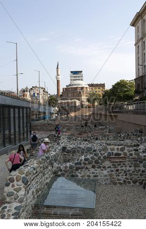 SOFIA, BULGARIA - AUGUST 09, 2017:Remains of the ancient Roman amphitheater in the center of Sofia Bulgaria.