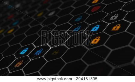 Blockchain network concept. Distributed ledger technology. Locks and shields are located in Hexagonal cells on black background. 3d rendering illustration. Big data node base concept.