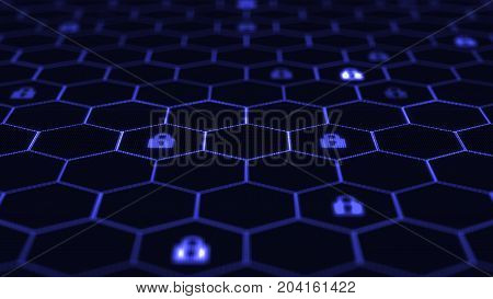 Blockchain network concept. Distributed ledger technology. Locks are located in Hexagonal cells on black background. 3d rendering illustration. Big data node base concept.