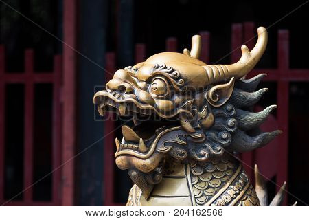 Bronze dradon statue in a buddhist monastery, Chengdu, China