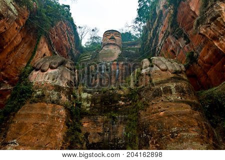 View of the Buddha statue in Leshan, China. Leshan Buddha is the world's largest statue of Buddha, whose height is 71 meters.