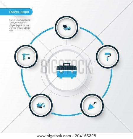 Building Colorful Icons Set. Collection Of Cement Vehicle, Lifting Hook, Putty Knife And Other Elements