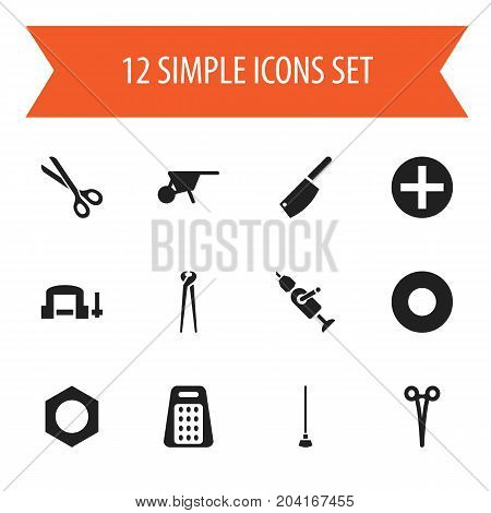 Set Of 12 Editable Equipment Icons. Includes Symbols Such As Pincers, Shredder, Equipment And More