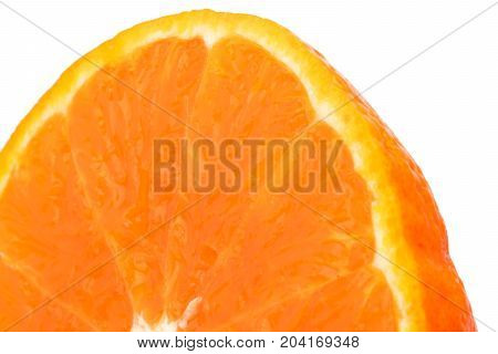 Half of fresh juicy orange fruit slice isolated on white background with copy space for text. Natural vitamin C antioxidant concept.