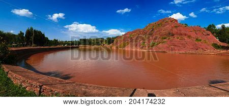 Rural landscape with pond aka queen Sheba bath near Axum Ethiopia