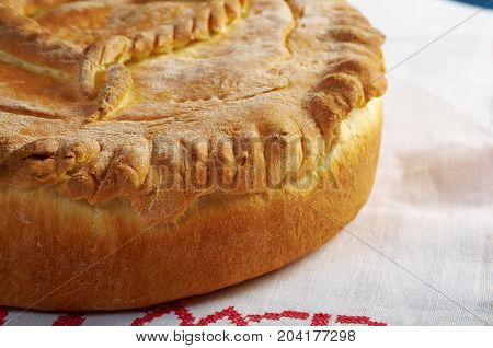 fish pie with codfish and halibut.closeup.coulibiac , close up meal