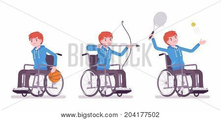 Disabled young man in wheelchair doing sport activity. Have fun and compete in tennis, archery. Disability and social policy concept. Vector flat style cartoon illustration, isolated, white background