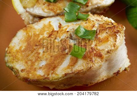 grilled t-bone codfish steak and vegetables  , close up meal