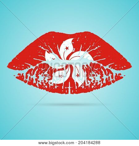 Hong Kong Flag Lipstick On The Lips Isolated On A White Background. Vector Illustration. Kiss Mark In Official Colors And Proportions. Independence Day