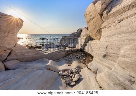 Aegean seashore and marble rocks in Aliki Thassos island Greece