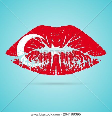 Turkey Flag Lipstick On The Lips Isolated On A White Background. Vector Illustration. Kiss Mark In Official Colors And Proportions. Independence Day