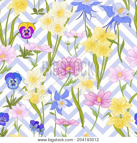 Seamless pattern with daffodils, anemones, violets in botanical vintage style with rococo decor on blue and white stripes background . Stock line vector illustration.