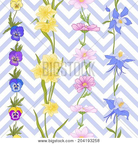 Seamless pattern with daffodils, anemones, violets in botanical vintage style with rococo decor on blue and white stripes background . Stock line vector illustration.