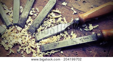 Sharp Chisels With Sawdust And Vintage Effect