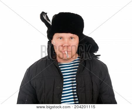Russian Man In Winter Fur Cap  ,red-neck.