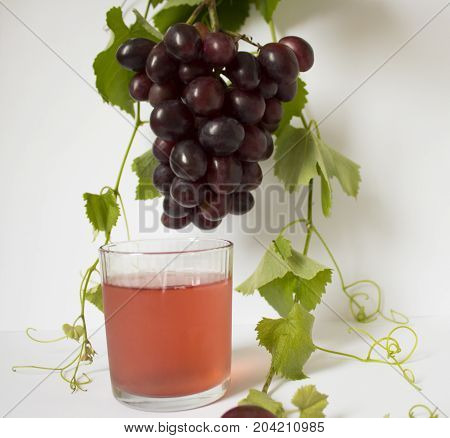 grapes on a white background. a bunch of grapes. glass with juice. grapes, green leaves. dark blue grapes